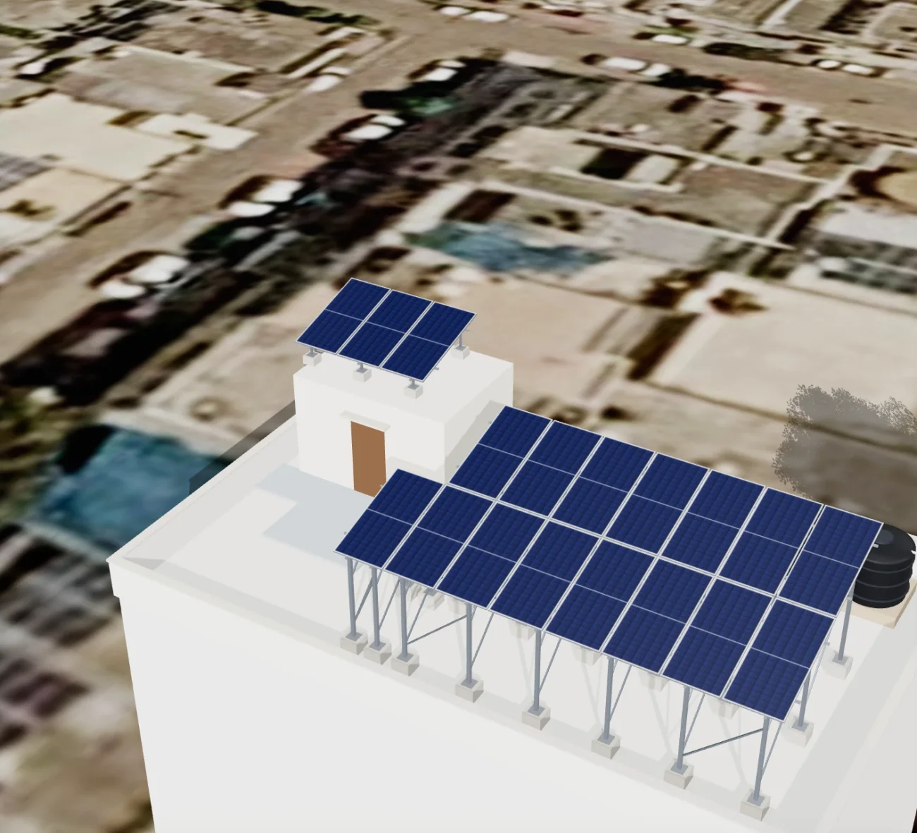 Mehta Residence in 3D: elevated structure over the terrace, panels on the mumty, two water tanks