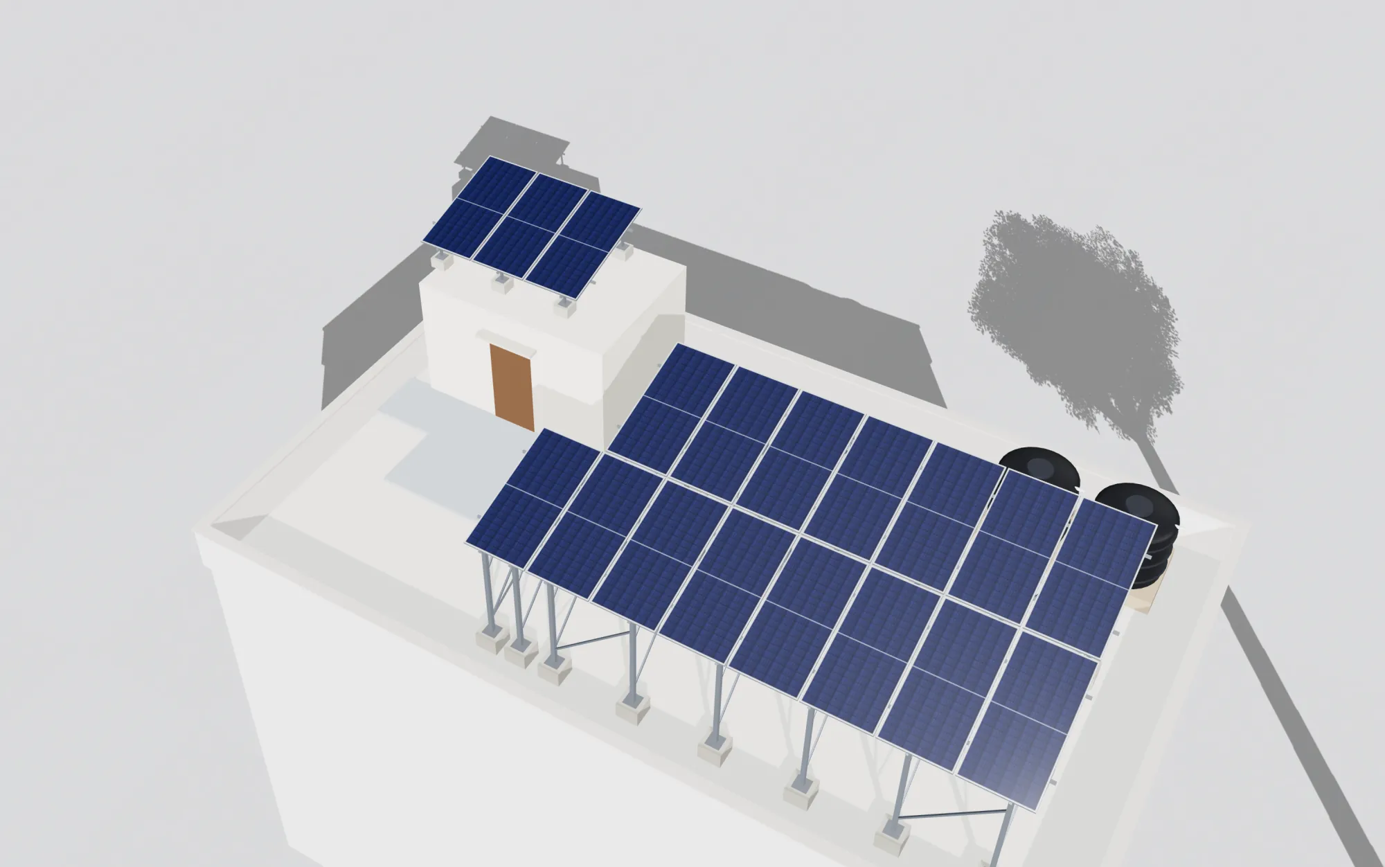 3D render of a house roof with elevated panels and water tanks