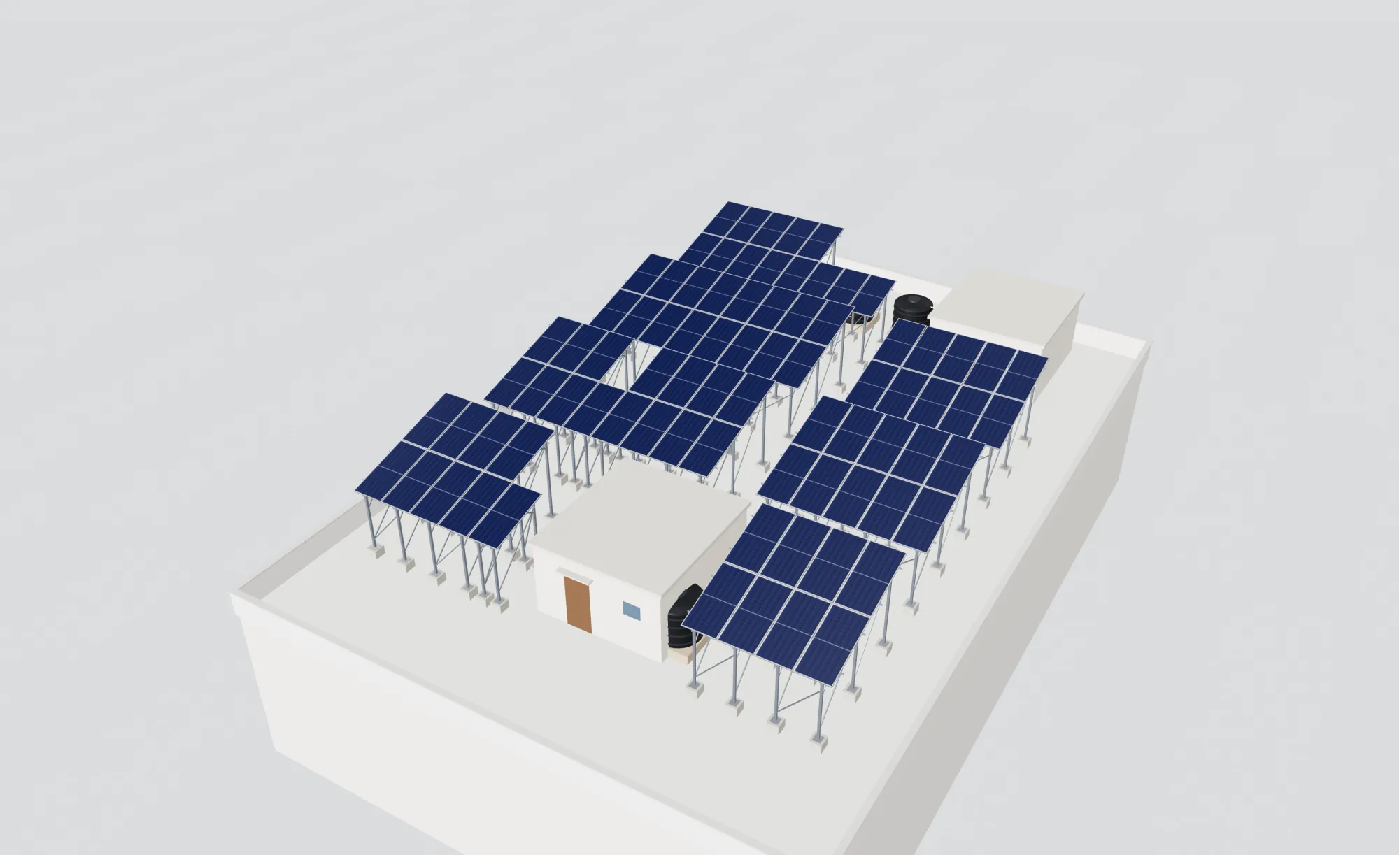 3D render of an 81-module elevated array on a textile unit