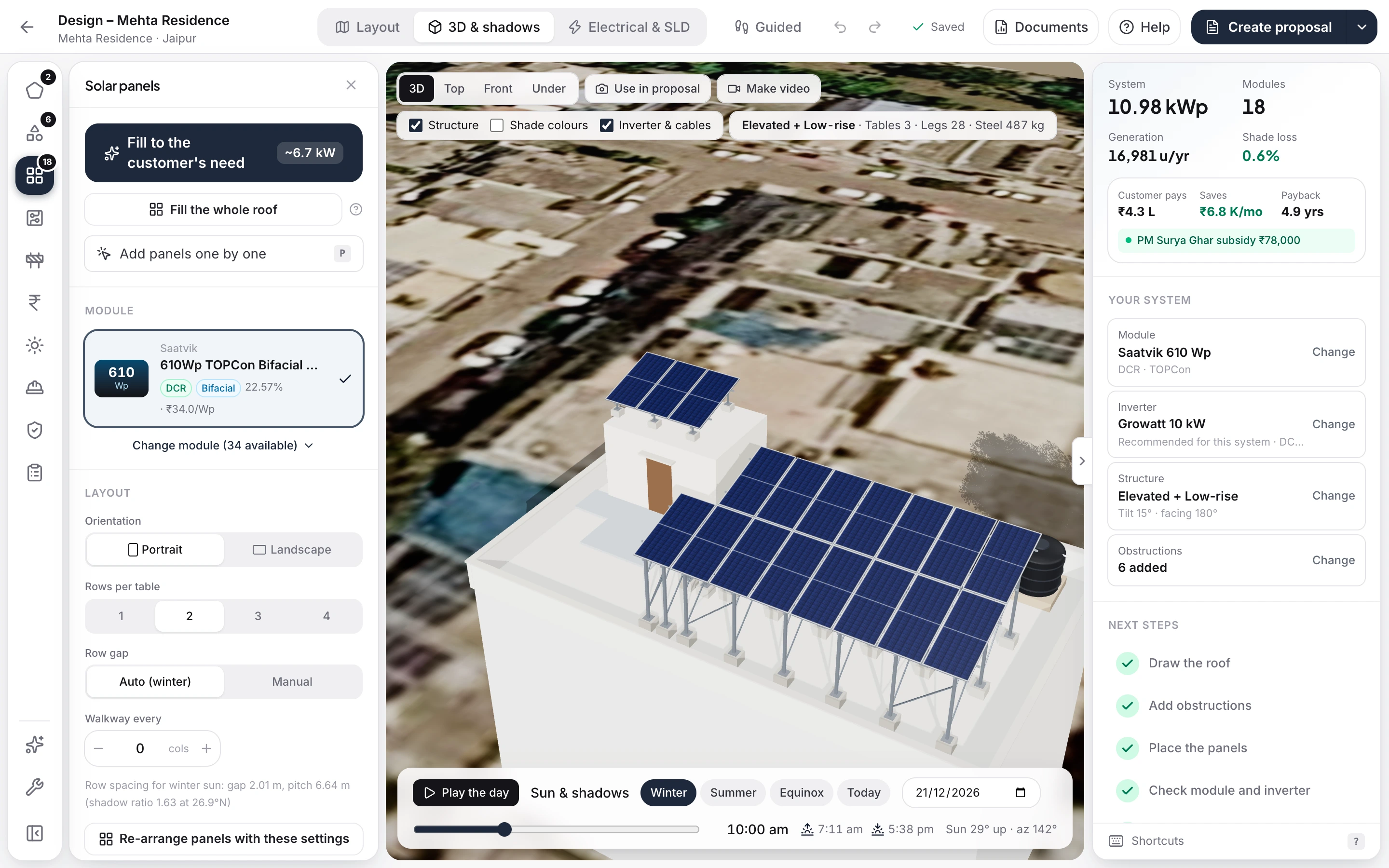 The PitchSun designer in the Graphite theme: a 10.98 kWp design on a Jaipur home — elevated terrace, panels on the mumty, inverter on its wall — in 3D